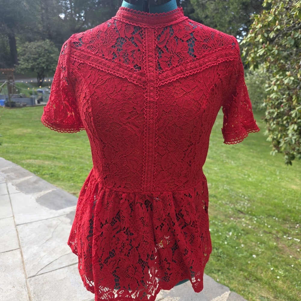 Tobrief Womens Red Lace Elegant Victorian Fitted Peplum VampFairy Blouse